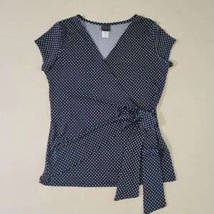 THX Women's Dark Navy Polka Dot Crossover Cap Sleeve Top
